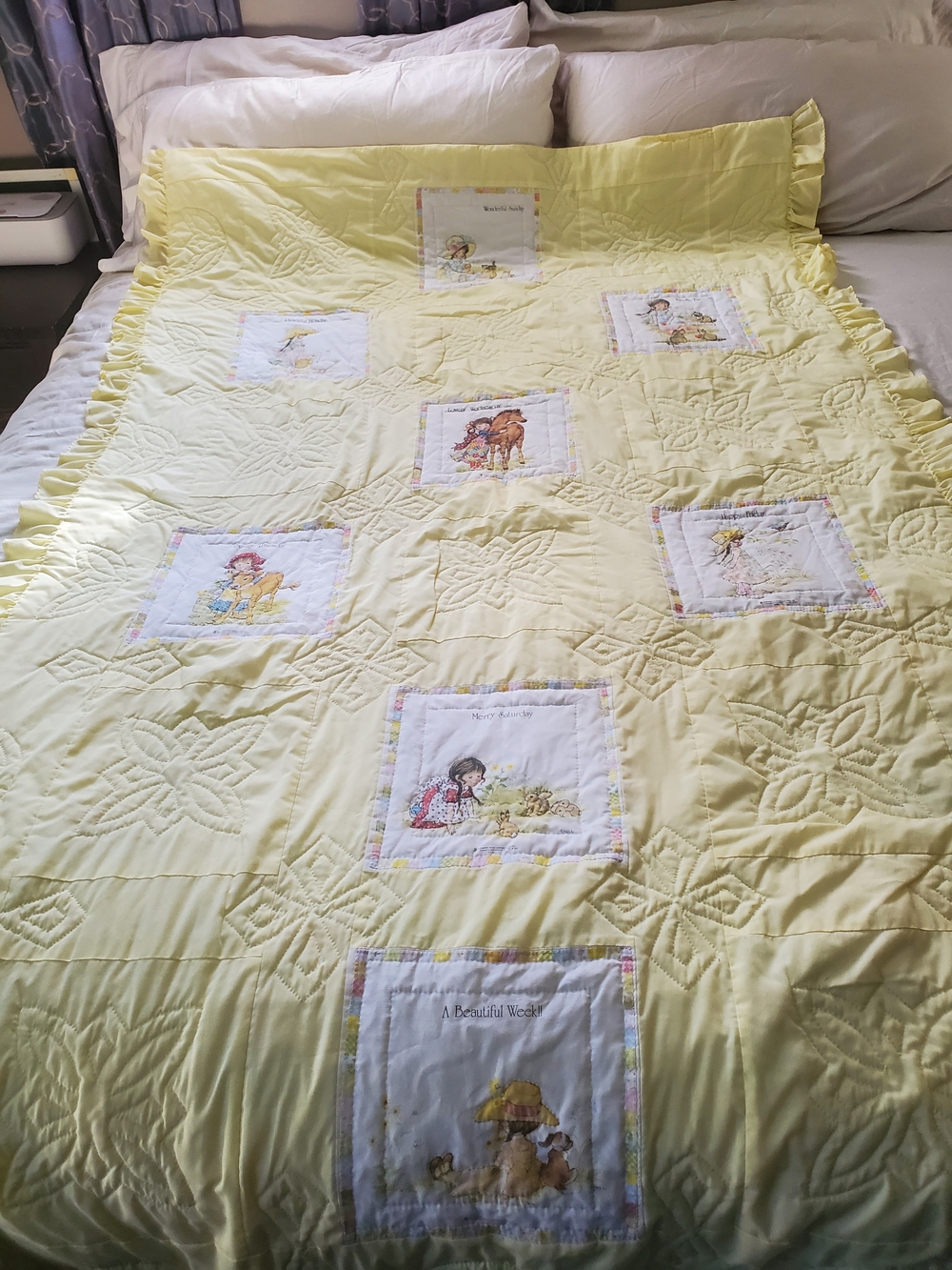 Vintage 80s Handmade Pastel Yellow Quilted Coverlet